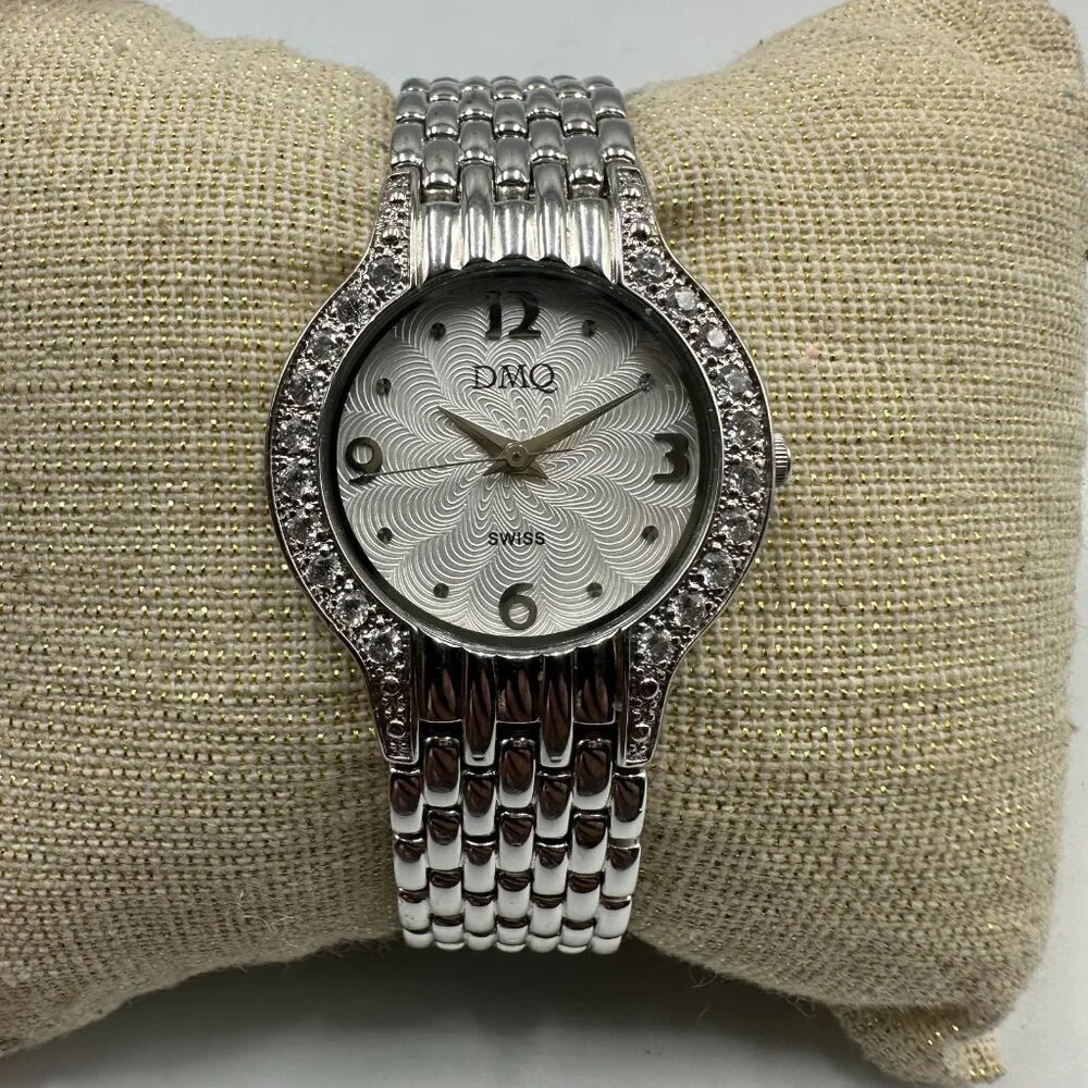 DMQ Watch Women Silver Tone Crystal Bezel Round Dial New Battery 6.5 Inch